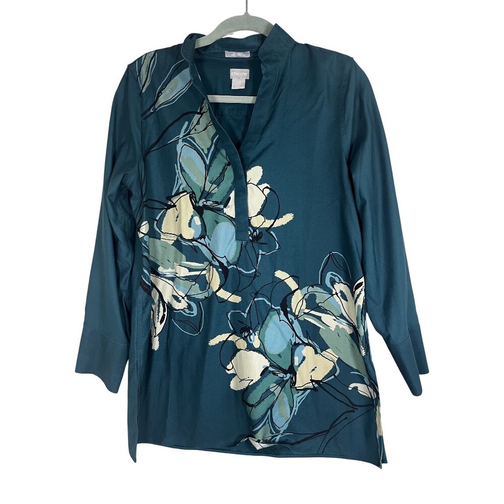 Chicos Floral Tunic M Tropical Resort Preppy Colorful Coastal Nautical Chic Arts